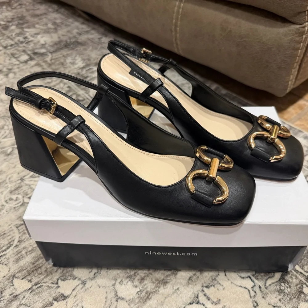 Nine West Black Heels with Gold Accents - Picture 1 of 5